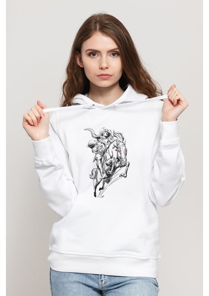 Ghost Rider Baskılı Beyaz Kadın Örme Kapşonlu Sweatshirt Uzun Kol