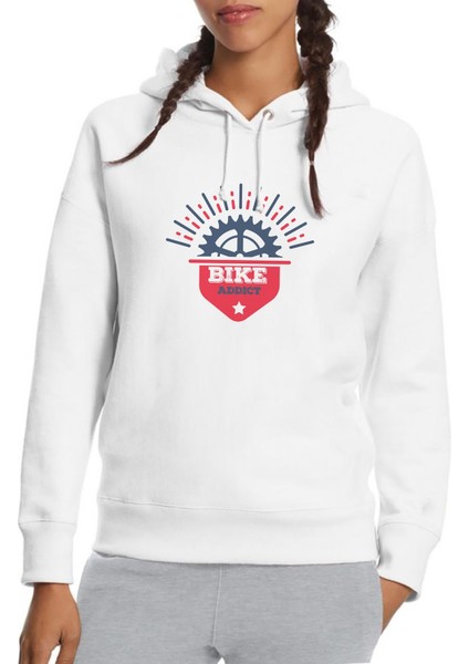 Bike Addict Pedal Baskılı Beyaz Kadın Örme Kapşonlu Sweatshirt Uzun Kol