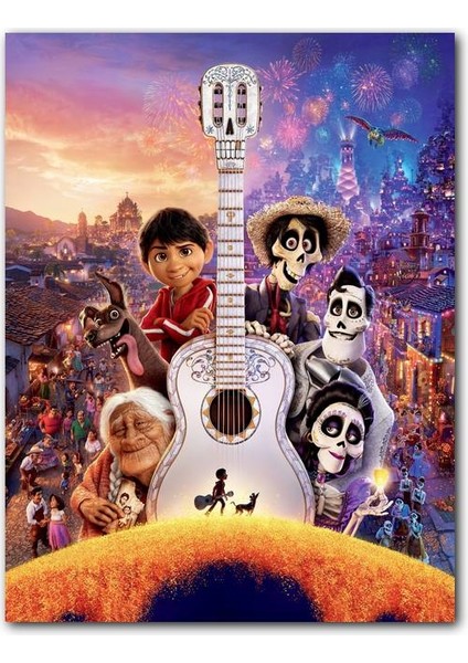 Ahşap Tablo Coco Pixar Karakterler ve Beyaz Gitar