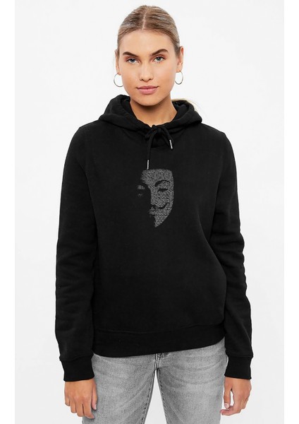 V For Vendetta Baskılı Siyah Kadın Örme Kapşonlu Sweashirt Uzun Kol