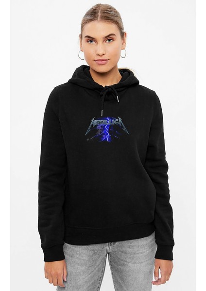 Metallica Ride The Lightning Metallica Gruup Baskılı Siyah Kadın Örme Kapşonlu Sweashirt Uzun Kol