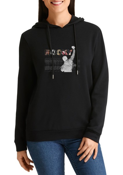 Rocky Sasdece Yazıyı Kullan Baskılı Siyah Kadın Örme Kapşonlu Sweashirt Uzun Kol