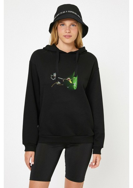 Amoled Rick And Morty Baskılı Siyah Kadın Örme Kapşonlu Sweashirt Uzun Kol