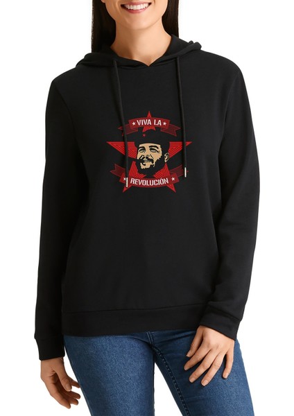Che Guevara Viva La Revolucion Baskılı Siyah Kadın Örme Kapşonlu Sweashirt Uzun Kol