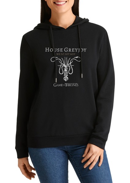 G O T House Greyjoy Baskılı Siyah Kadın Örme Kapşonlu Sweashirt Uzun Kol