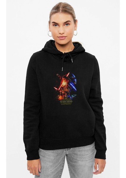 Star Wars Afiş Baskılı Siyah Kadın Örme Kapşonlu Sweashirt Uzun Kol