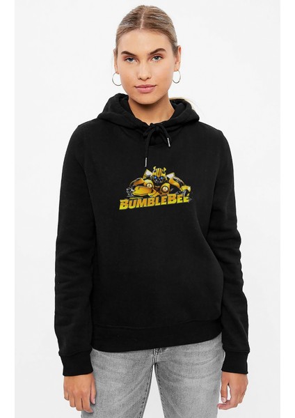 Transformers Bumblebee Christmas Baskılı Siyah Kadın Örme Kapşonlu Sweashirt Uzun Kol