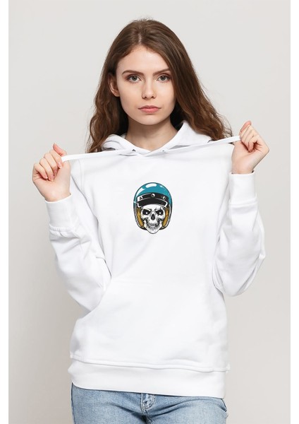 Skull With Blue Helmet Baskılı Beyaz Kadın Örme Kapşonlu Sweatshirt Uzun Kol