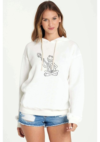 The Frog Gitarlı Kurbağa Kermit Baskılı Beyaz Kadın Örme Kapşonlu Sweatshirt Uzun Kol