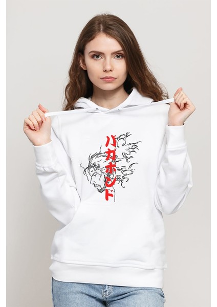 Anime Baskılı Beyaz Kadın Örme Kapşonlu Sweatshirt Uzun Kol