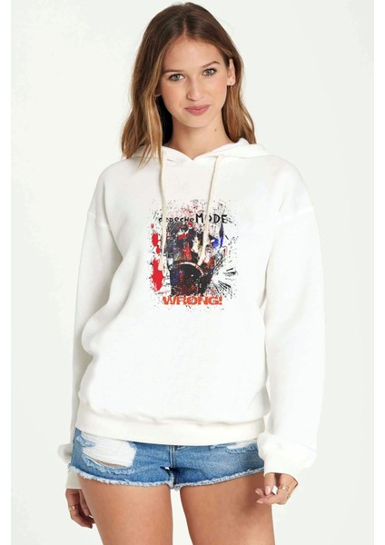 Depeche Mode Wrong Baskılı Beyaz Kadın Örme Kapşonlu Sweatshirt Uzun Kol