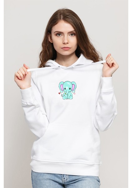 Kawaii Baby Elephants Baskılı Beyaz Kadın Örme Kapşonlu Sweatshirt Uzun Kol