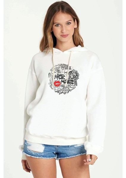 Arctic Monkeys Songs Baskılı Beyaz Kadın Örme Kapşonlu Sweatshirt Uzun Kol