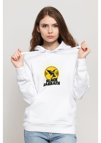 Black Sabbath Devil Baskılı Beyaz Kadın Örme Kapşonlu Sweatshirt Uzun Kol