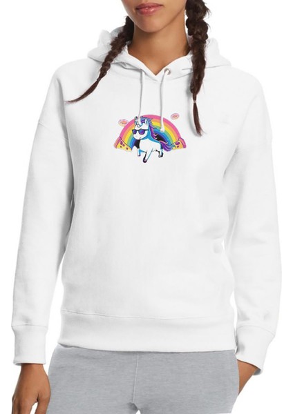 Unicorn Rainbow Baskılı Beyaz Kadın Örme Kapşonlu Sweatshirt Uzun Kol