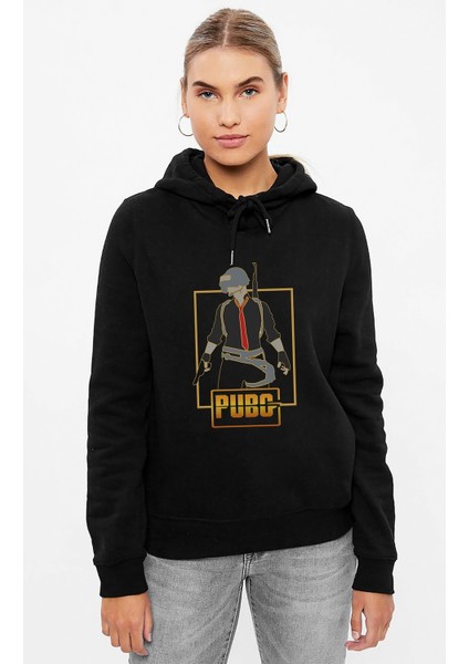 Pubg Man Baskılı Siyah Kadın Örme Kapşonlu Sweashirt Uzun Kol