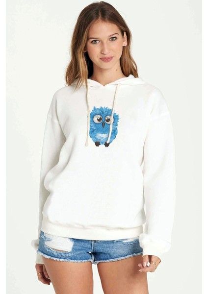 Sevimli Mavi Baykuş Baskılı Beyaz Kadın Örme Kapşonlu Sweatshirt Uzun Kol