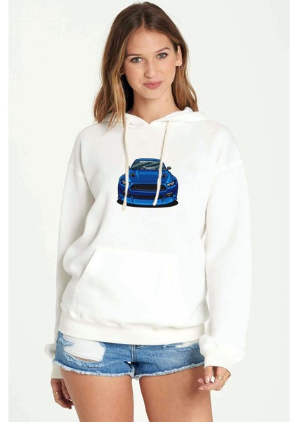 Mustang Baskılı Beyaz Kadın Örme Kapşonlu Sweatshirt Uzun Kol