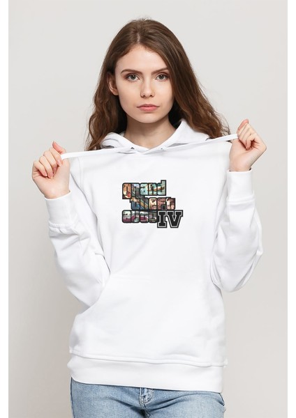 Gta V Yazı ve Logo Baskılı Beyaz Kadın Örme Kapşonlu Sweatshirt Uzun Kol