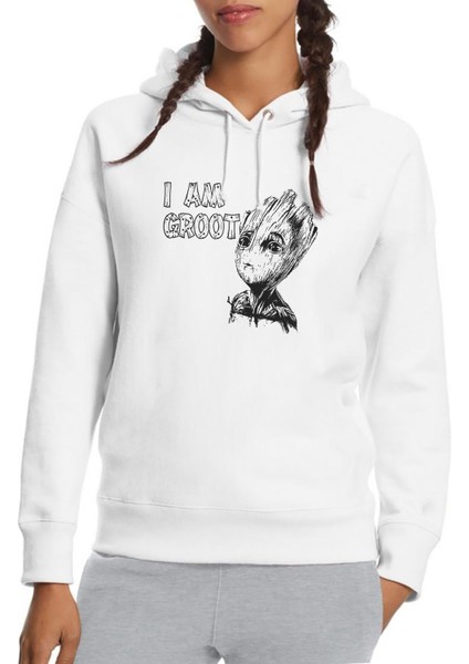 I Am Groot Wood Text Baskılı Beyaz Kadın Örme Kapşonlu Sweatshirt Uzun Kol