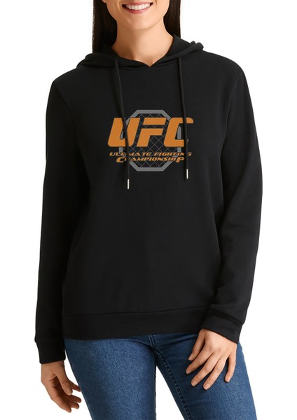 Ufc Ultimate Fighting Championship Baskılı Siyah Kadın Örme Kapşonlu Sweatshirt Uzun Kol