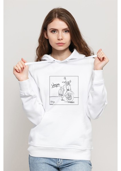 Vespa Baskılı Beyaz Kadın Örme Kapşonlu Sweatshirt Uzun Kol