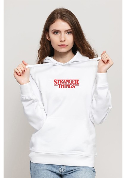 Stranger Things Logo Baskılı Beyaz Kadın Örme Kapşonlu Sweatshirt Uzun Kol