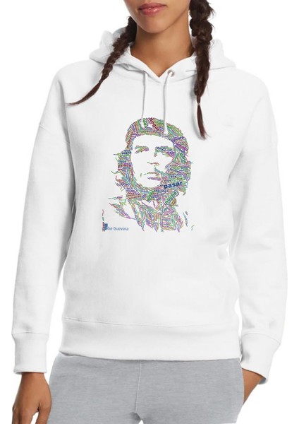 Che Guevara Diarios De Motocicleta Baskılı Beyaz Kadın Örme Kapşonlu Sweatshirt Uzun Kol
