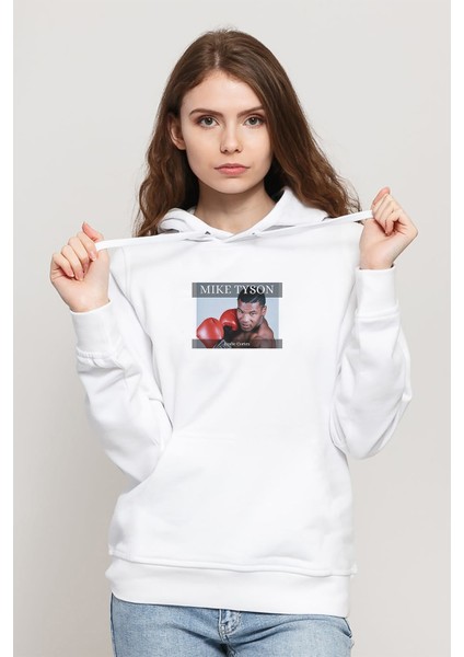 Mike Tyson Tragic Hero By Leslie Baskılı Beyaz Kadın Örme Kapşonlu Sweatshirt Uzun Kol