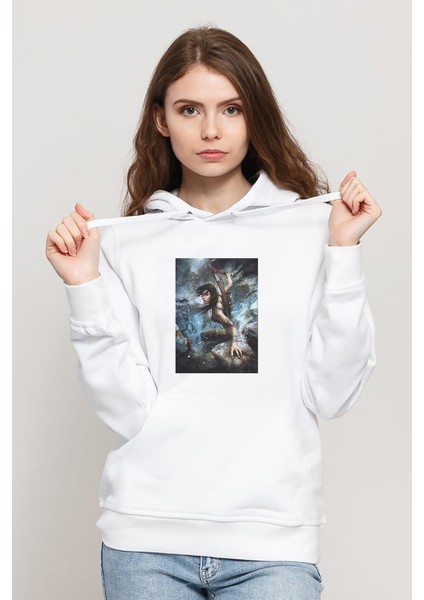 Tomb Raider Lara Croft Baskılı Beyaz Kadın Örme Kapşonlu Sweatshirt Uzun Kol