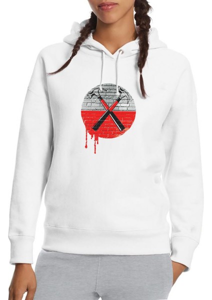 Pink Floyd The Wall Hammer 2018 Baskılı Beyaz Kadın Örme Kapşonlu Sweatshirt Uzun Kol