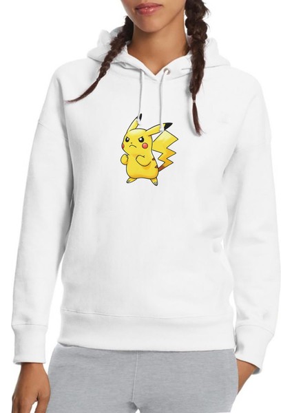 Kızgın Pikachu Pokemon Baskılı Beyaz Kadın Örme Kapşonlu Sweatshirt Uzun Kol