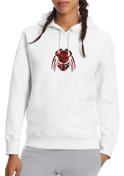 Kırmızı ve Siyah Kamuflaj Predator Illüstrasyon Baskılı Beyaz Kadın Örme Kapşonlu Sweatshirt Uzun Ko