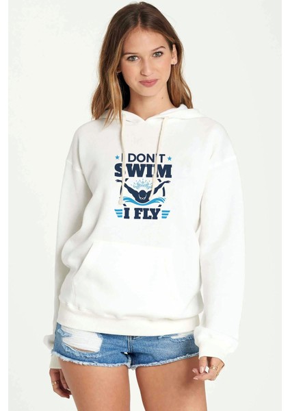 I Dont Swim I Fly Baskılı Beyaz Kadın Örme Kapşonlu Sweatshirt Uzun Kol