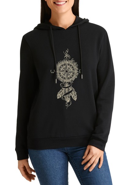 Dreamcatcher Pusula Baskılı Siyah Kadın Örme Kapşonlu Sweatshirt Uzun Kol