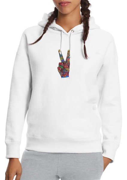 Savaş Değil Barış Işareti Seviyorum 1960'LARDA Baskılı Beyaz Kadın Örme Kapşonlu Sweatshirt Uzun Kol
