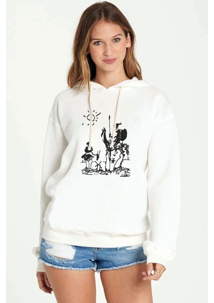 Picasso – Don Quixote Spain Don Baskılı Beyaz Kadın Örme Kapşonlu Sweatshirt Uzun Kol