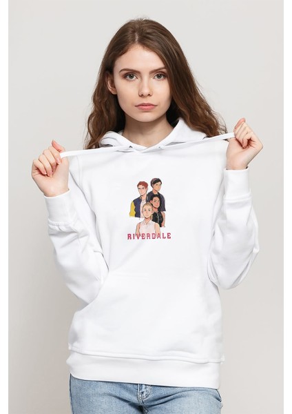 Riverdale Memes Baskılı Beyaz Kadın Örme Kapşonlu Sweatshirt Uzun Kol