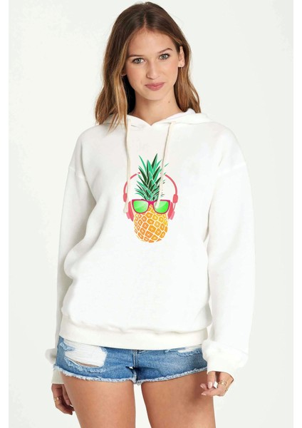 Ananas Retro Gözlük Baskılı Beyaz Kadın Örme Kapşonlu Sweatshirt Uzun Kol