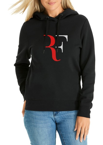 Roger Federer Rf Baskılı Siyah Kadın Örme Kapşonlu Sweatshirt Uzun Kol