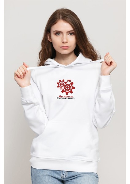 Mechanical Engineering Logo Baskılı Beyaz Kadın Örme Kapşonlu Sweatshirt Uzun Kol