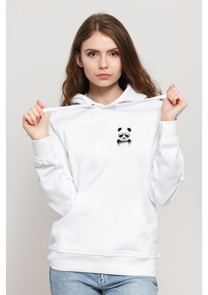 Panda Cool Baskılı Beyaz Kadın Örme Kapşonlu Sweatshirt Uzun Kol