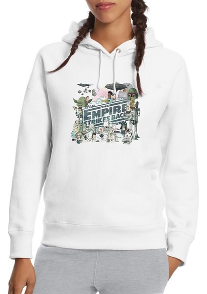 The Empire Strikes Back Baskılı Beyaz Kadın Örme Kapşonlu Sweatshirt Uzun Kol