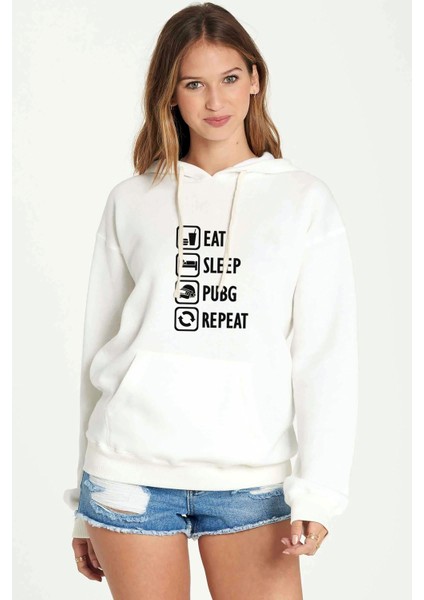 Pubg Eat Sleep Pubg Repeat Baskılı Beyaz Kadın Örme Kapşonlu Sweatshirt Uzun Kol
