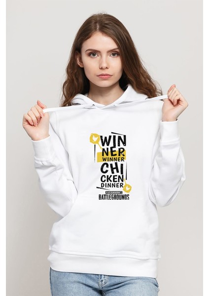 Pubg Winner Winner Baskılı Beyaz Kadın Örme Kapşonlu Sweatshirt Uzun Kol