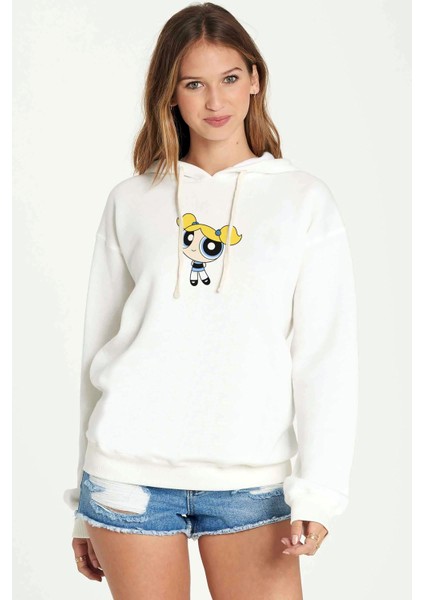 Powerpuff Girls Bubbles Baskılı Kadın Örme Kapüşonlu Beyaz Sweatshirt Uzun Kol