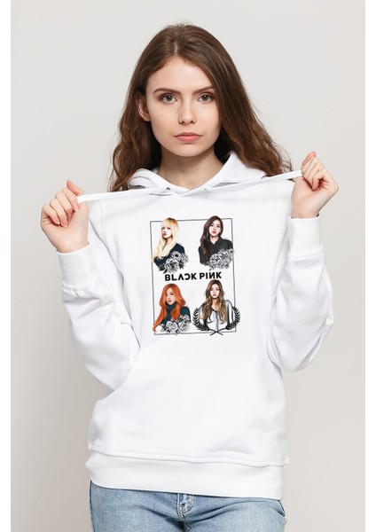 Kpop Blackpink Black Pink Baskılı Kadın Örme Kapüşonlu Beyaz Sweatshirt Uzun Kol