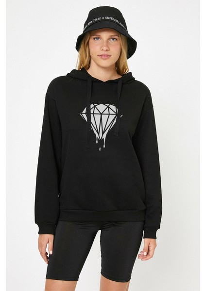 Silhouette Diamond Baskılı Siyah Kadın Örme Kapşonlu Sweatshirt Uzun Kol