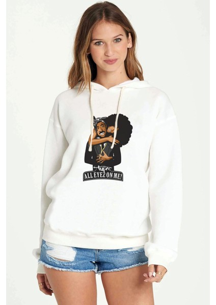Rap Hiphop 2pac All Eyez On Baskılı Beyaz Kadın Örme Kapşonlu Sweatshirt Uzun Kol
