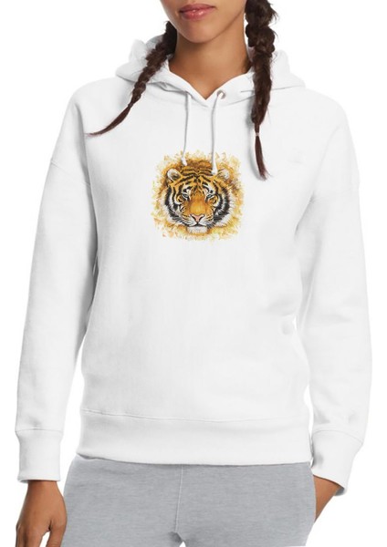 Turuncu Kaplan Yüz Çizimi Bengal Kaplanı Baskılı Beyaz Kadın Örme Kapşonlu Sweatshirt Uzun Kol